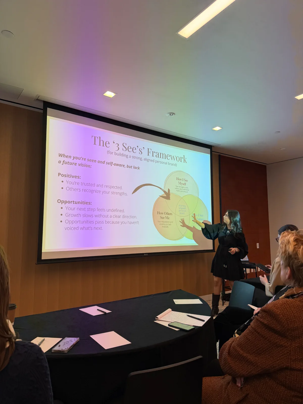 Sheena pointing to the Three Sees framework during an in-person workshop